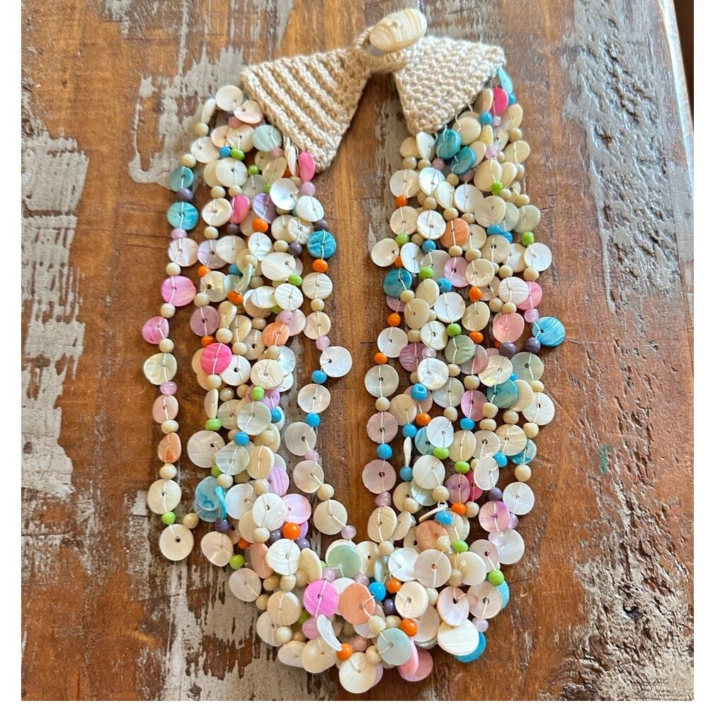 Artisan Multi-Strand Mother of Pearl Statement Necklace |Coastal Boho Beach